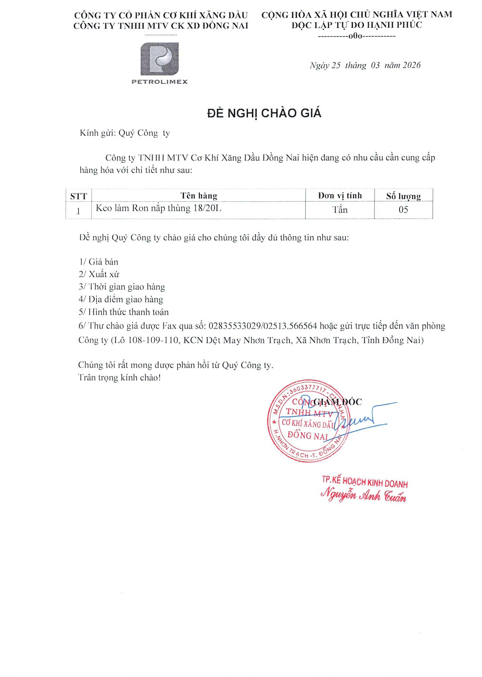 Đề nghị chào giá keo làm ron nắp thùng 18/20L